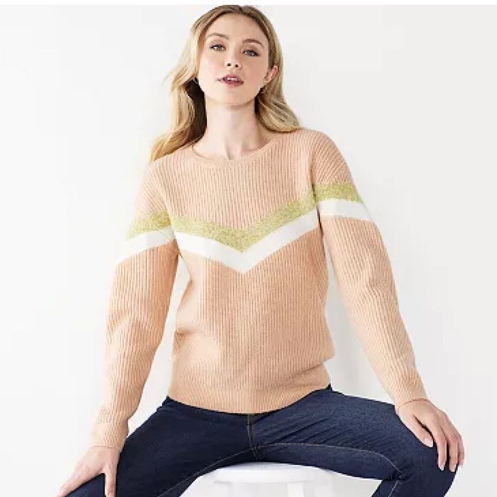 New Nine West Shine Crewneck Sweater Peach Gold Metallic XXL Cozy Warm